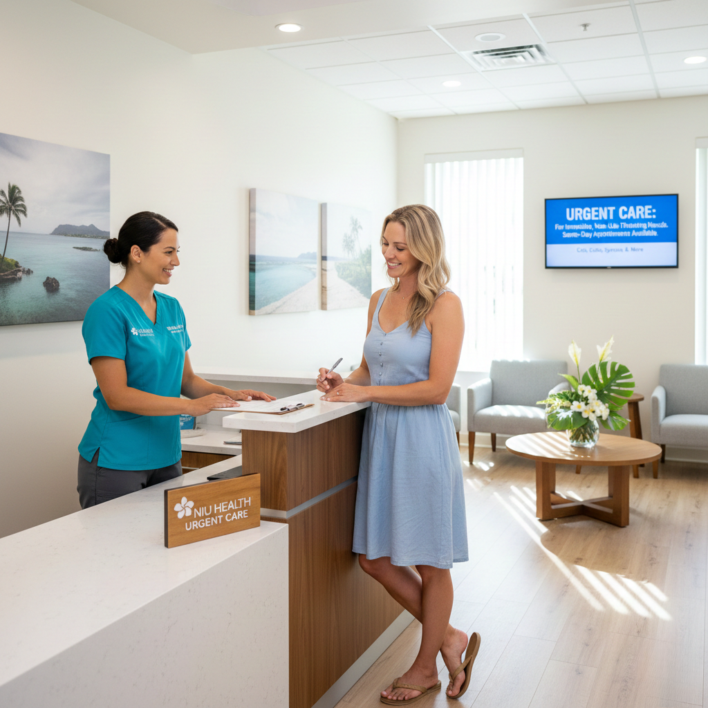 Woman signing intake form at NIU Health Urgent Care reception desk