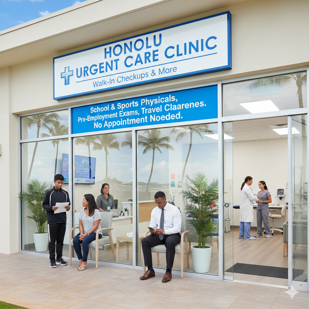 Doctor checking vital signs during a walk-in urgent care checkup in Honolulu, HI.