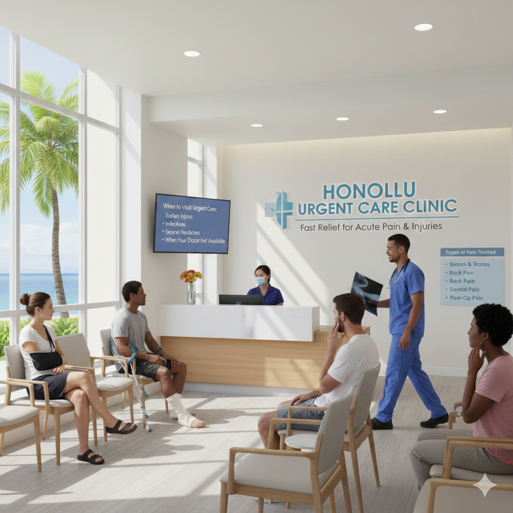 Urgent care provider evaluating pain symptoms and prescribing medication in Hawaii