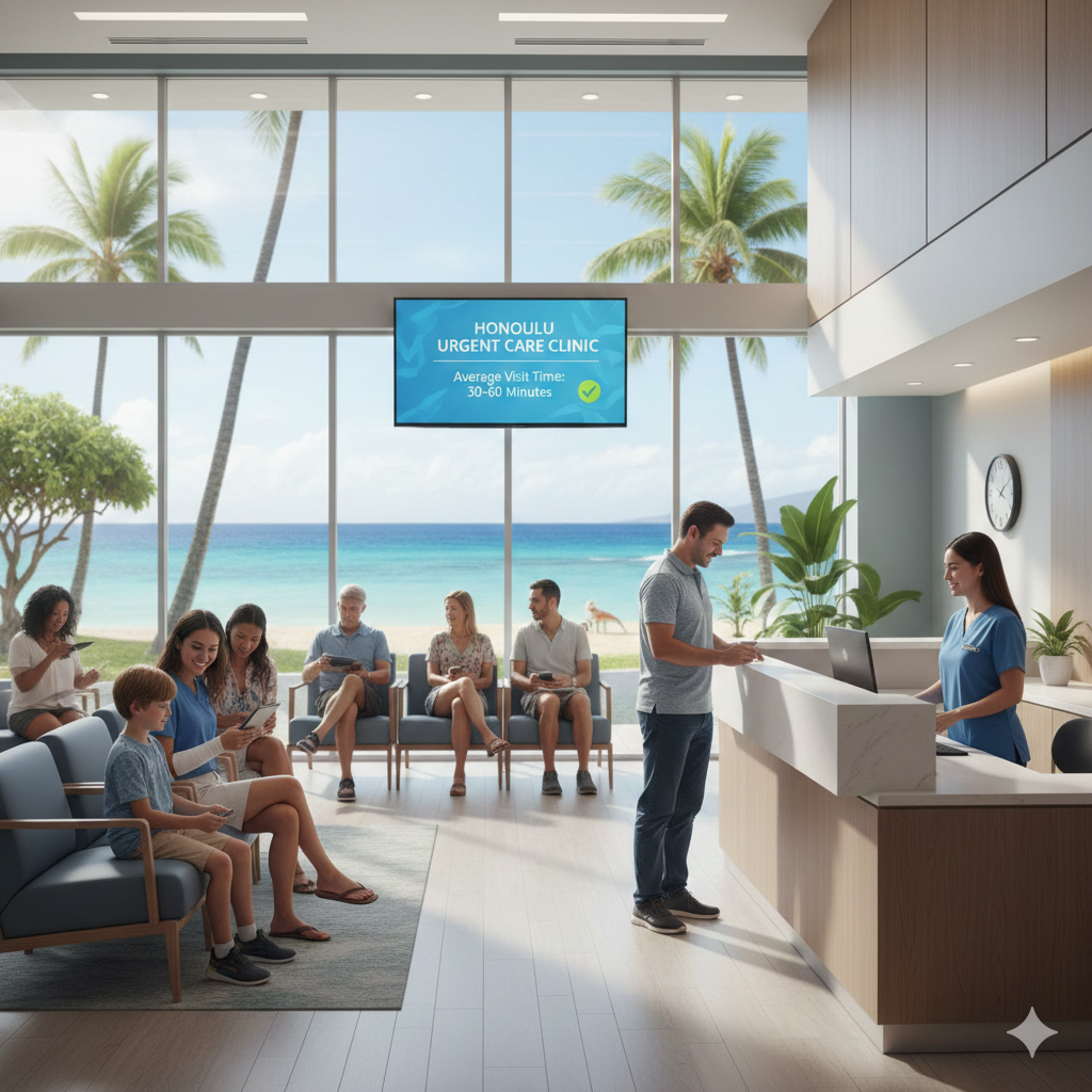 Patients sitting in a Honolulu urgent care waiting room with minimal wait time