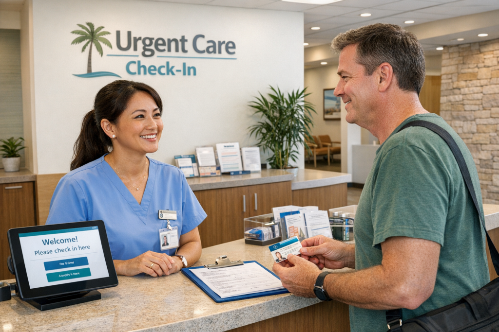 Patient checking in at urgent care front desk with receptionist