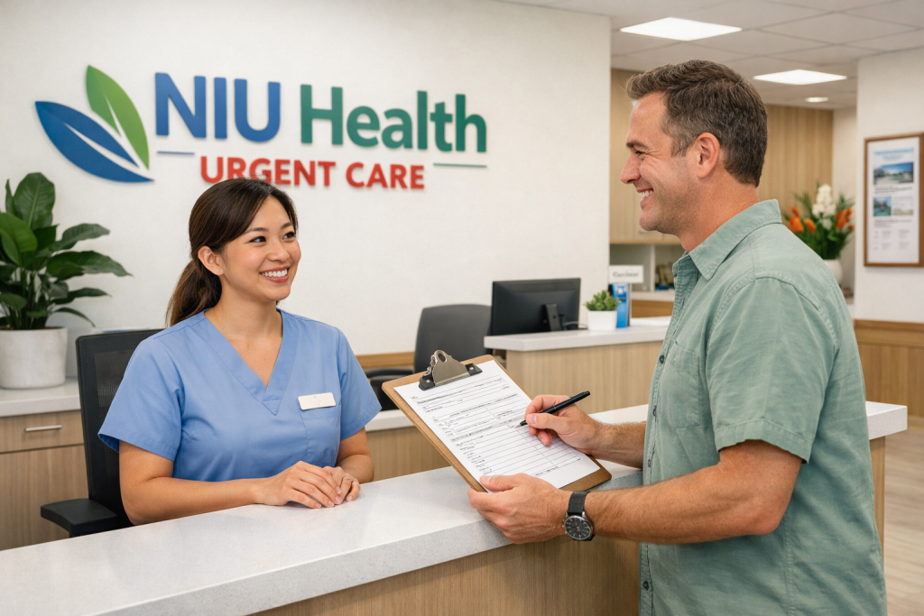 Patient completing paperwork at NIU Health Urgent Care check-in with staff assistance.