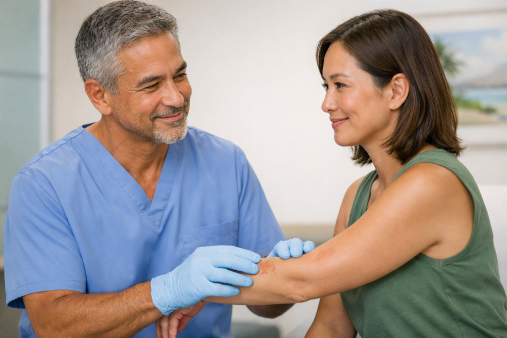Healthcare provider examining a patient’s arm injury during a clinic visit.