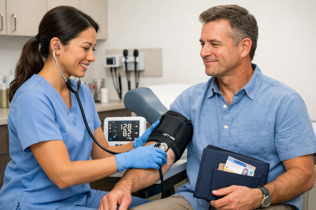 Medical staff performing routine blood pressure check on an adult patient.