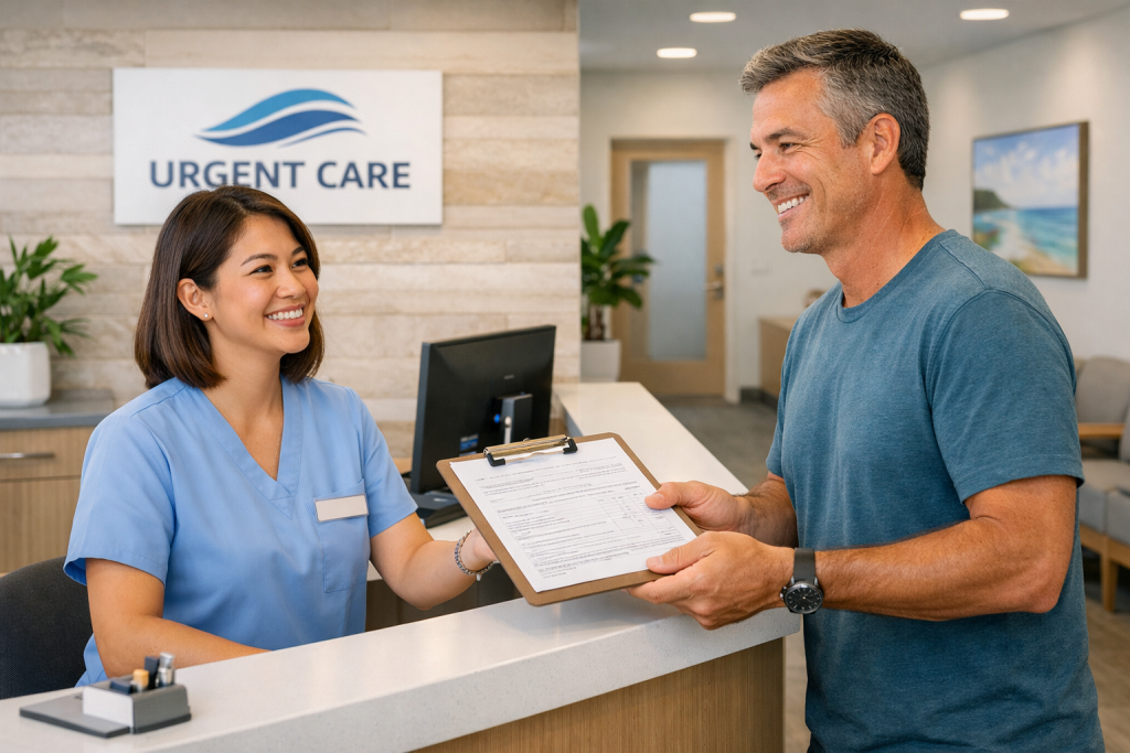 Male patient handing completed intake form to an urgent care receptionist at a clean, professional front desk with ‘Urgent Care’ signage visible.