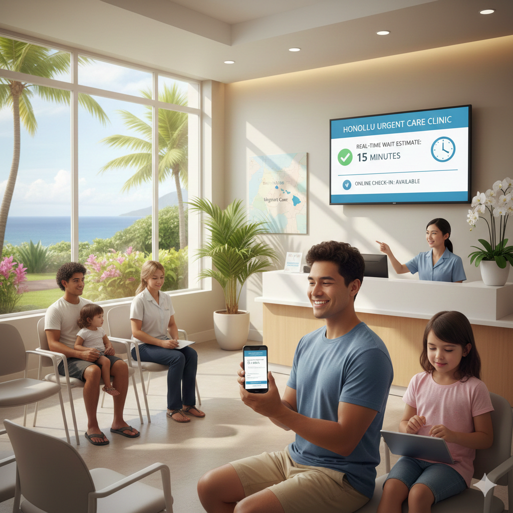 Patients waiting briefly inside a Honolulu urgent care clinic