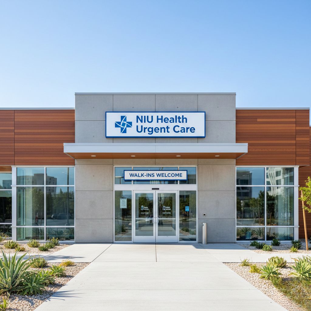 Modern NIU Health Urgent Care building exterior, walk-ins welcome