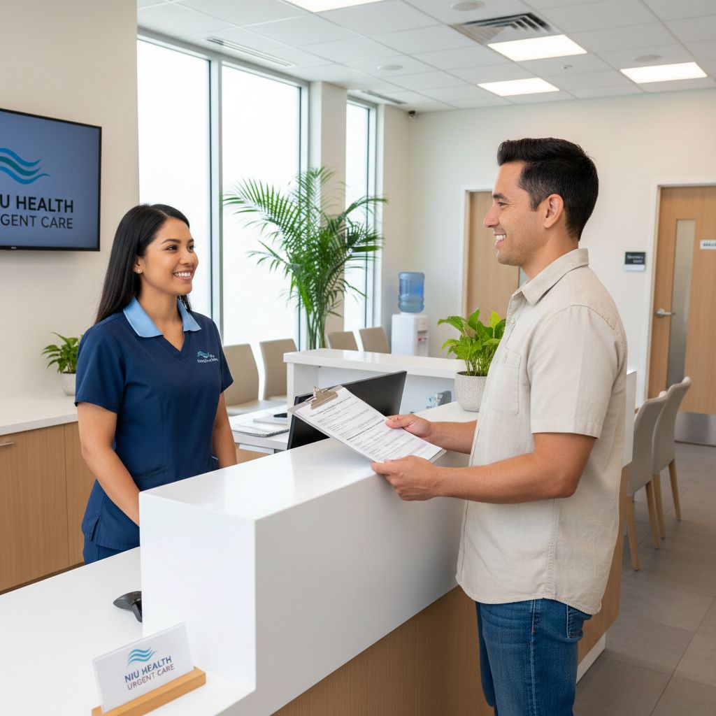 Patient reviewing intake form with staff at NIU Health Urgent Care front desk.