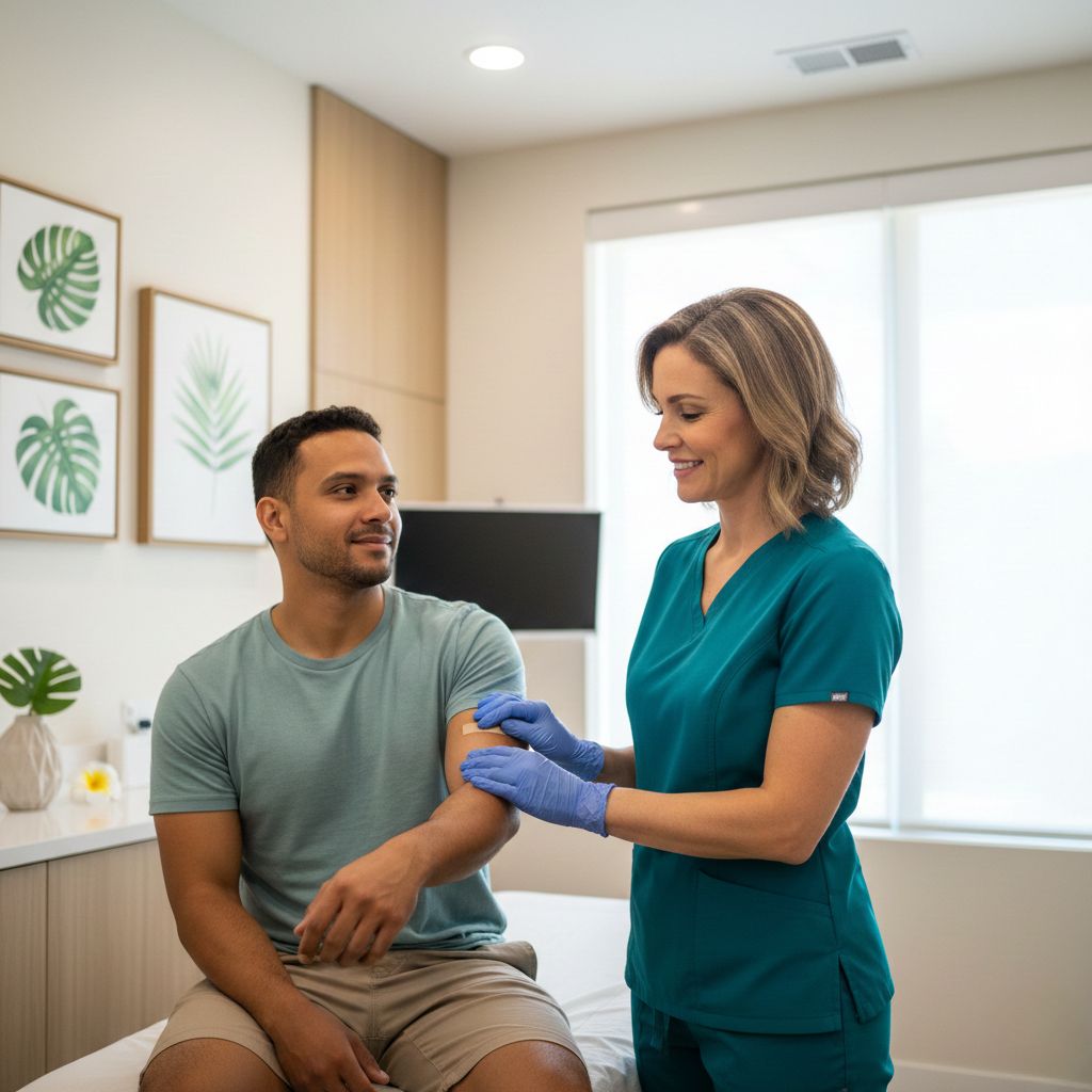 Nurse administering an injection to a patient in a modern exam room.