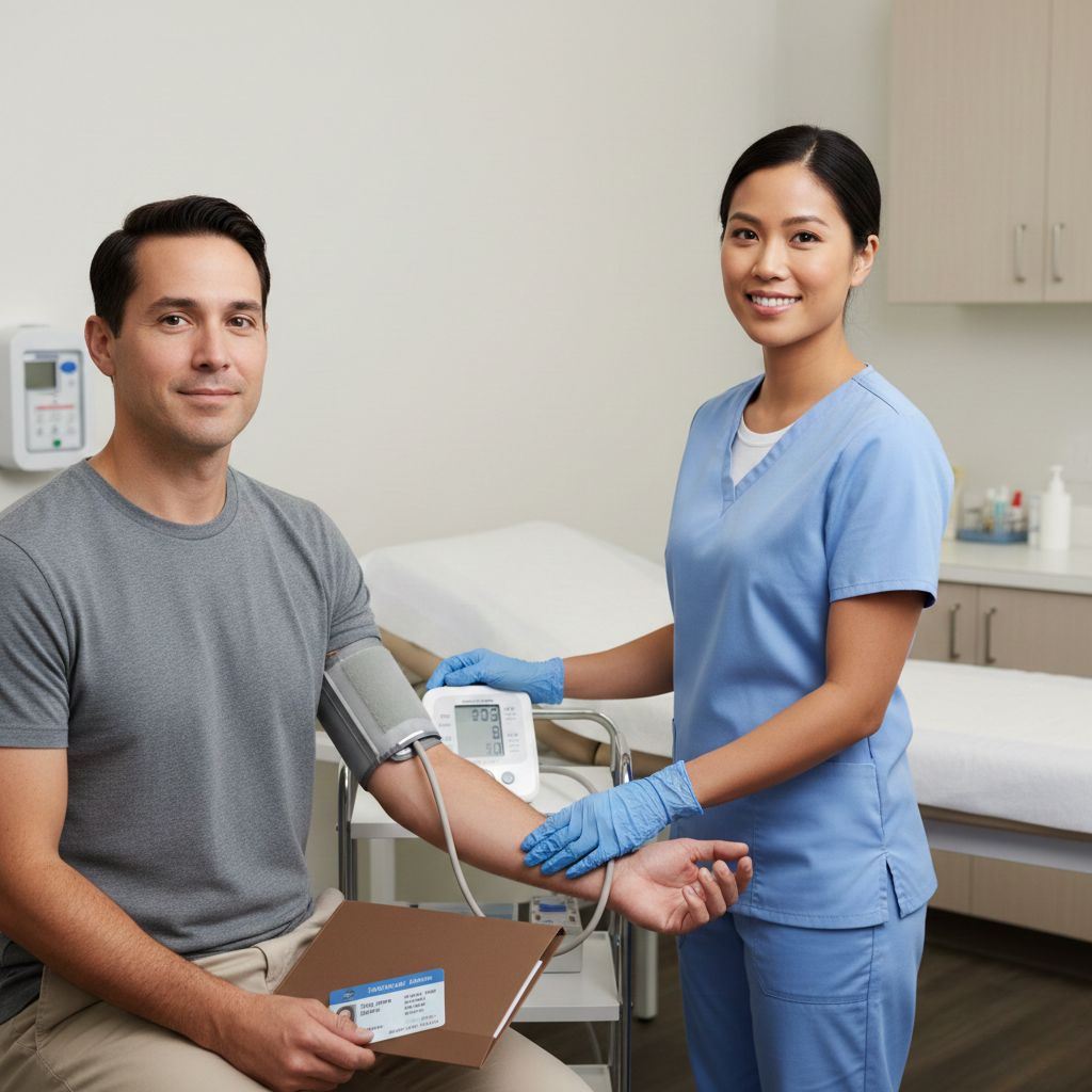 Healthcare professional checking a man’s blood pressure in a clean exam room.