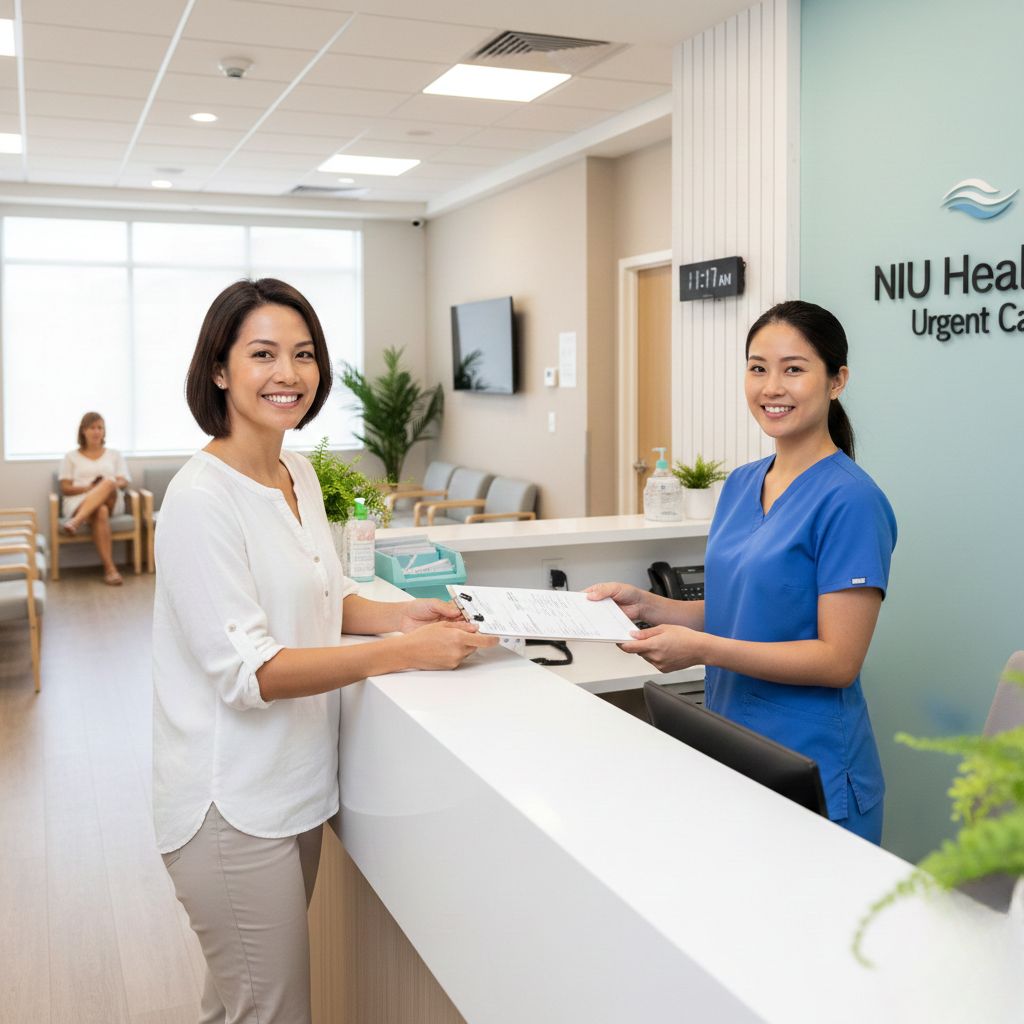 Patient checking in at NIU Health Urgent Care reception desk while a friendly medical staff member hands over paperwork in a modern, bright waiting area