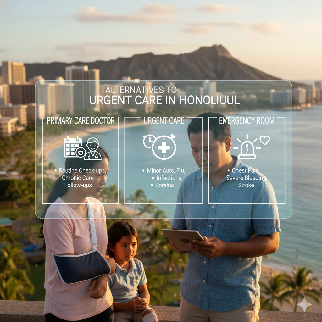 Patient comparing urgent care, primary care doctor, and emergency room options