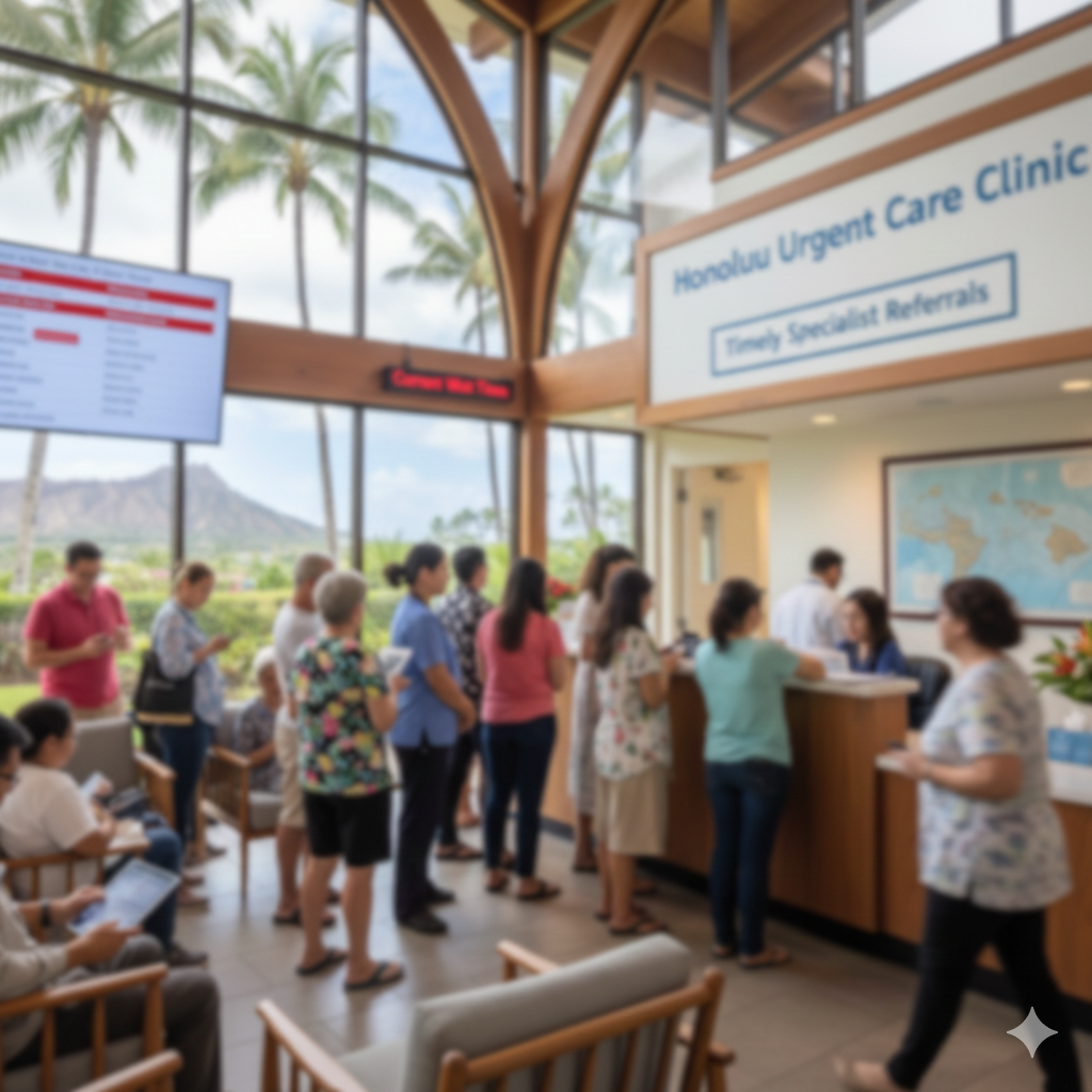 Urgent Care Clinic lobby in Honolulu, Hawaii, showing staff interacting with a patient. The clinic features large windows and tropical scenery