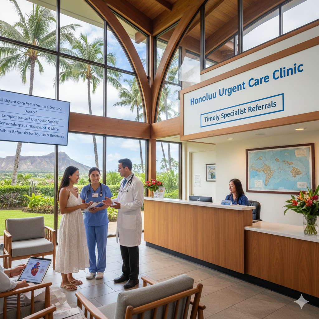 Medical professionals at the Honolulu Urgent Care Clinic reception area assist a patient.