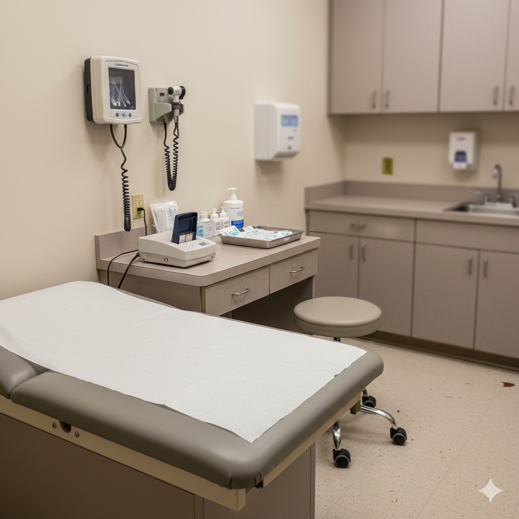 Retail clinic exam room inside a Honolulu CVS MinuteClinic showing basic diagnostic setup for evaluating minor infections and prescribing antibiotics**