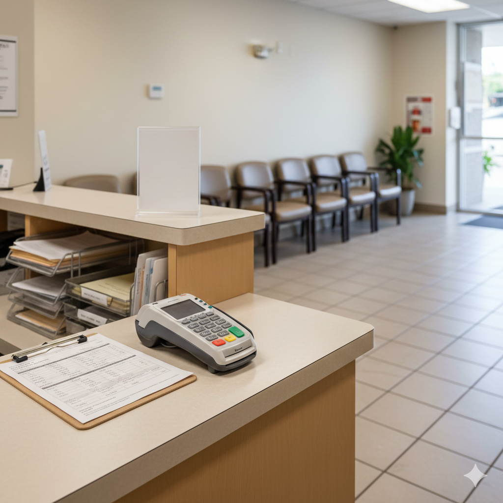 Clean urgent care reception and billing counter in Honolulu showing payment terminal and front desk area representing cost transparency and self-pay negotiation options