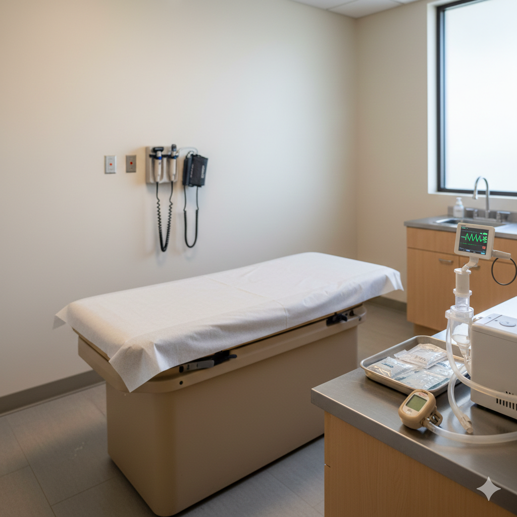 Urgent care exam room in Honolulu with diagnostic equipment and nebulizer setup for same-day cough evaluation and treatment