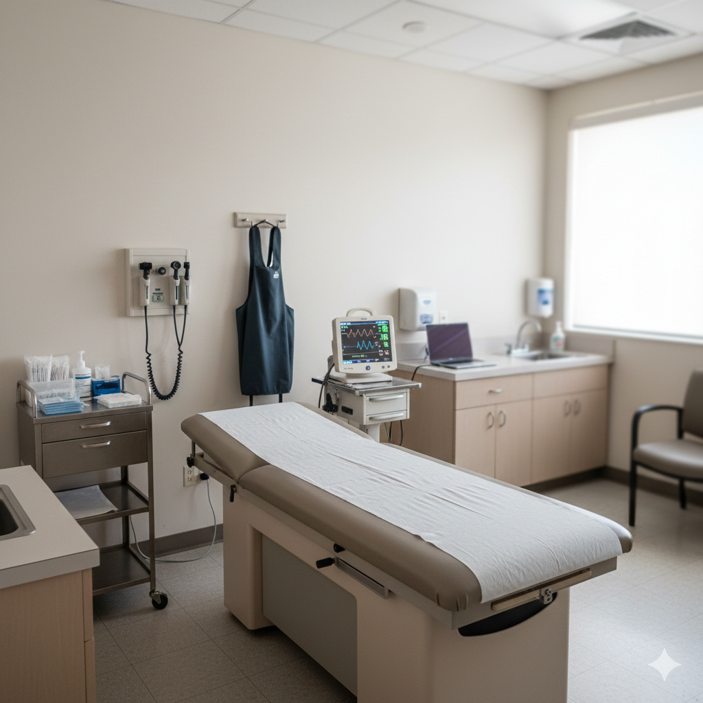 Clean urgent care exam room in Honolulu with diagnostic equipment and exam table representing treatment by licensed, board-certified physicians in an outpatient setting