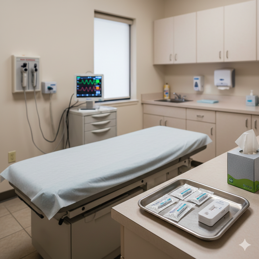 Urgent care exam room in Honolulu with rapid flu testing supplies and diagnostic equipment for walk-in cold and flu evaluation and treatment
