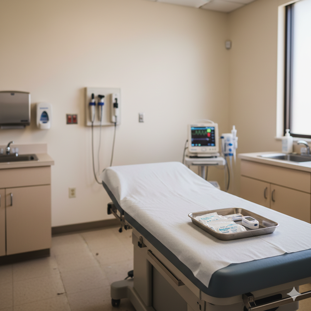 Urgent care exam room in Honolulu with respiratory diagnostic equipment and exam table for evaluating a cough that won’t go away after a cold