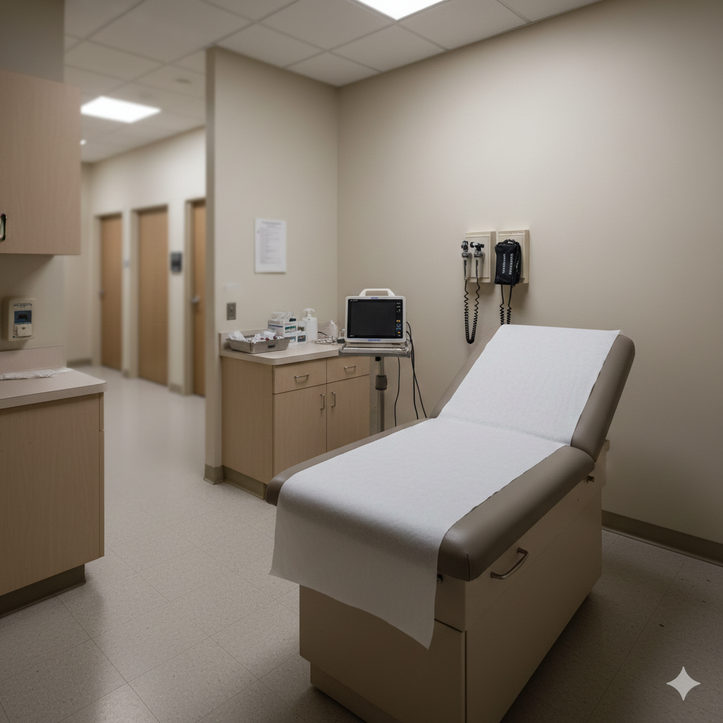Clean urgent care exam room in Honolulu with exam table and diagnostic equipment showing outpatient setting without overnight hospital beds or inpatient monitoring