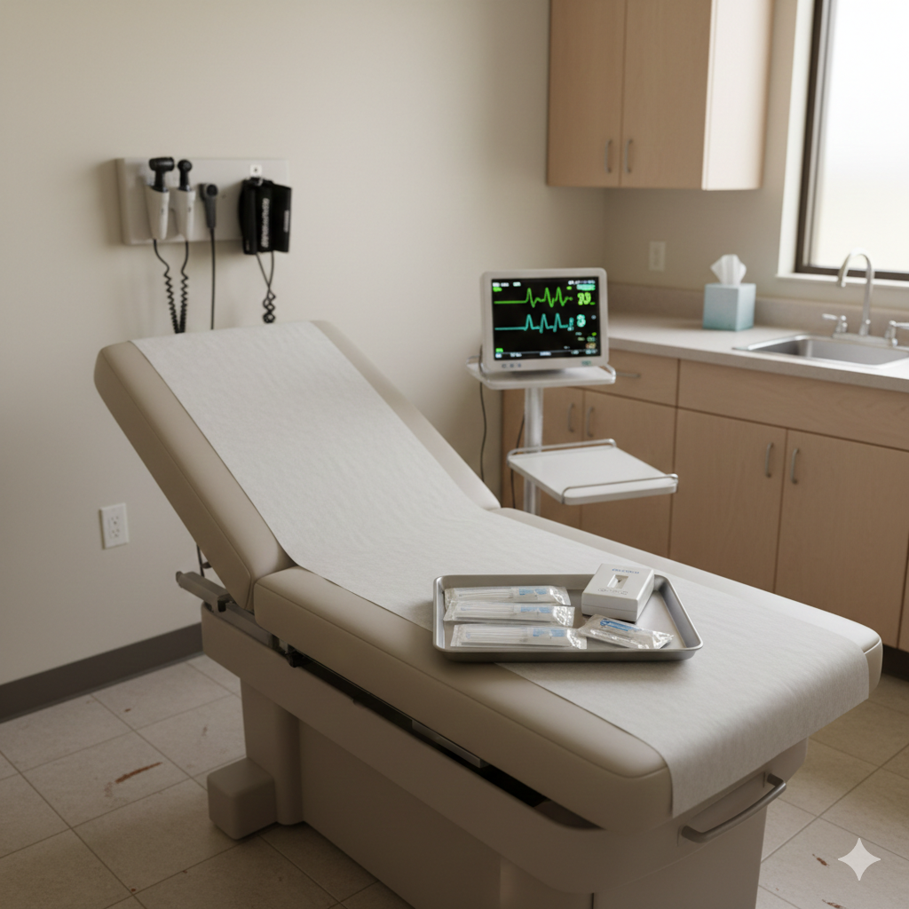 Urgent care exam room in Honolulu with rapid flu testing supplies and diagnostic equipment for same-day Tamiflu prescription and influenza treatment