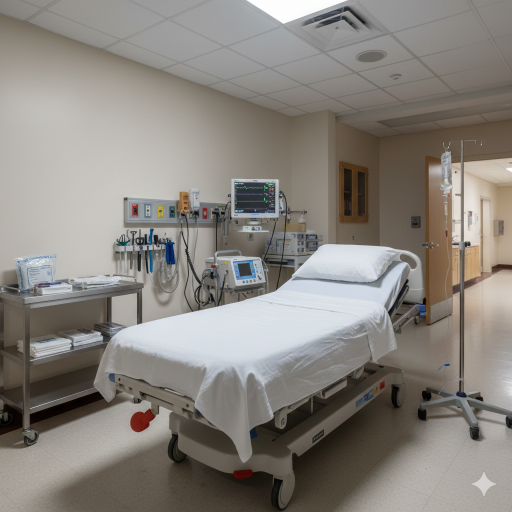 Empty hospital emergency room trauma bay with stretcher, cardiac monitor, defibrillator, and oxygen equipment prepared for treating chest pain, severe bleeding, stroke, and other life-threatening emergencies