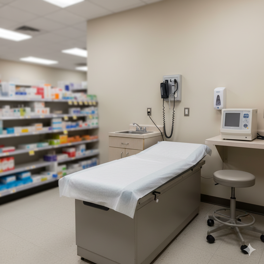 Clean retail clinic exam room in Honolulu pharmacy setting with exam table and basic diagnostic tools for uninsured walk-in medical visits