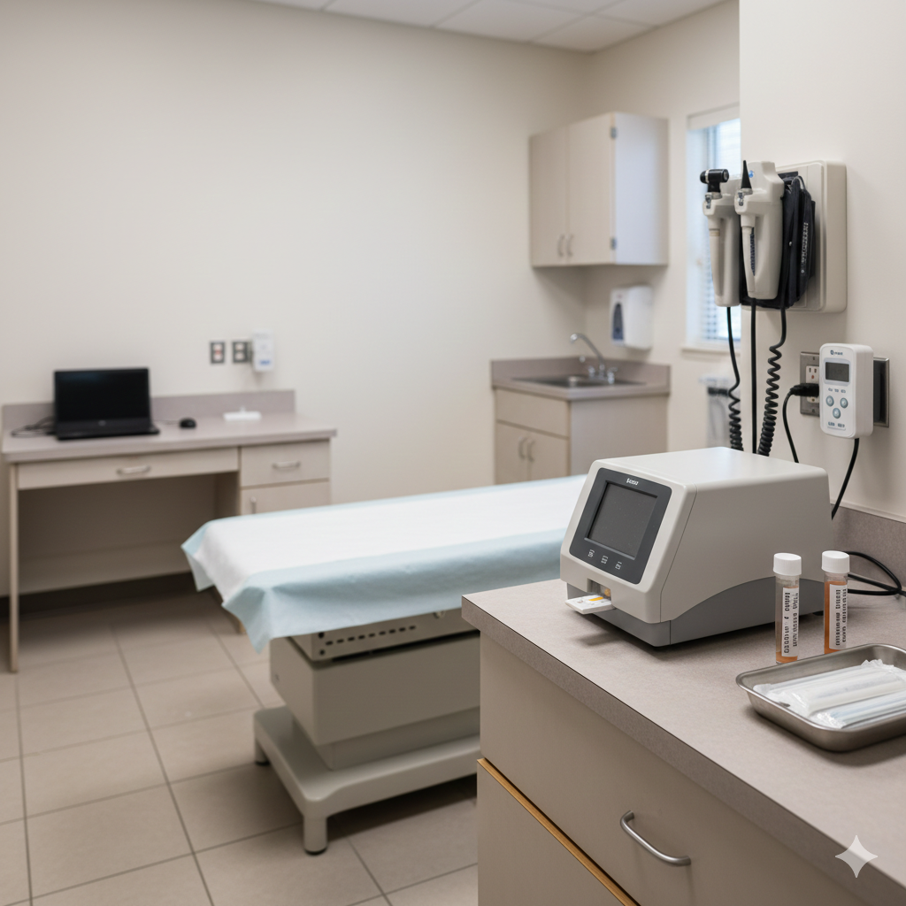 Honolulu urgent care exam room with rapid testing device, exam table, and diagnostic equipment showing on-site lab setup for fast medical test results